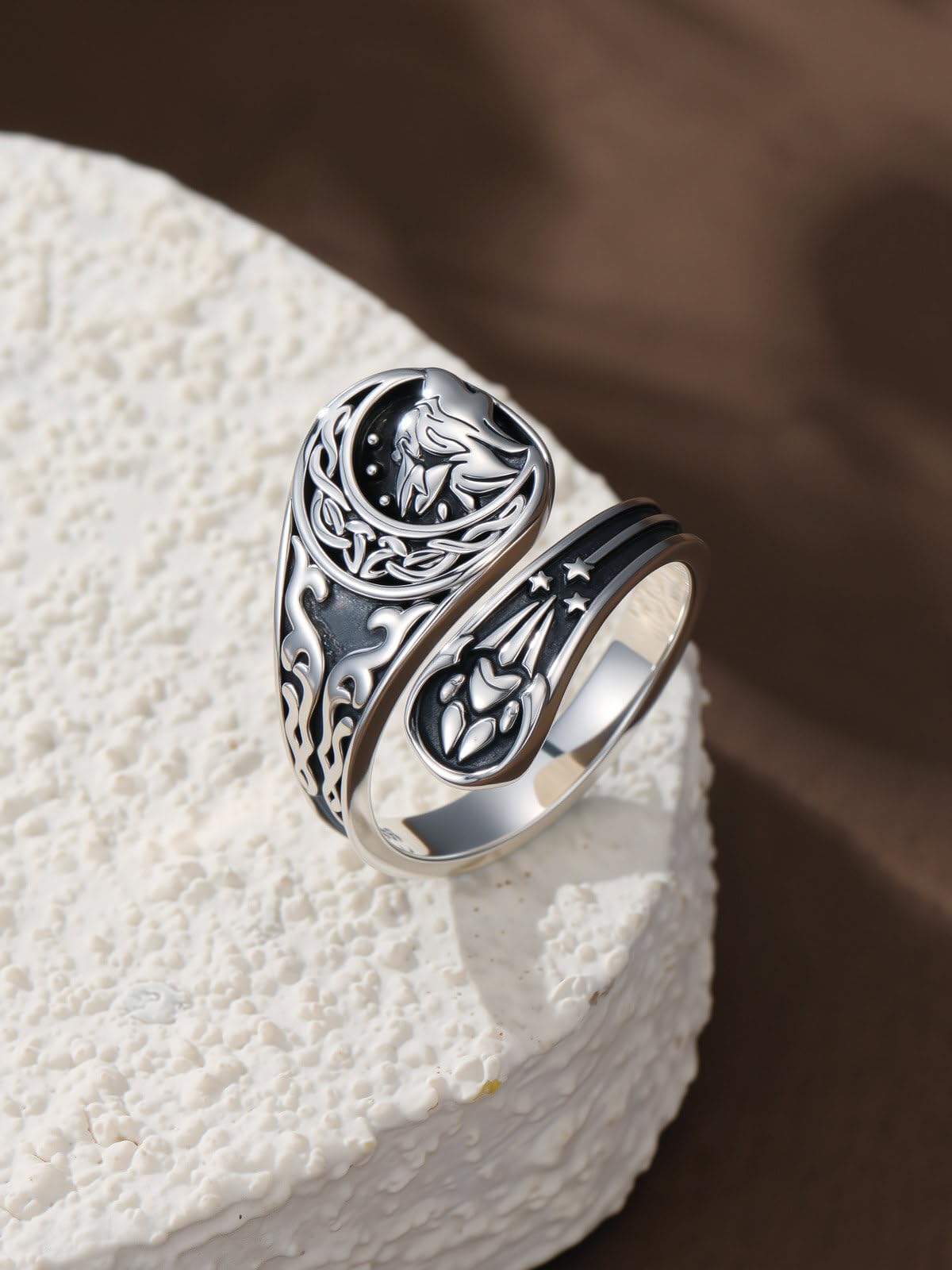 Midari Celtic Wolf Spoon Ring for Women Men 925 Sterling Silver Adjustable Wolf Crescent Moon Paw Viking Thumb Rings Jewelry for Women Halloween Birthday Christmas Gifts