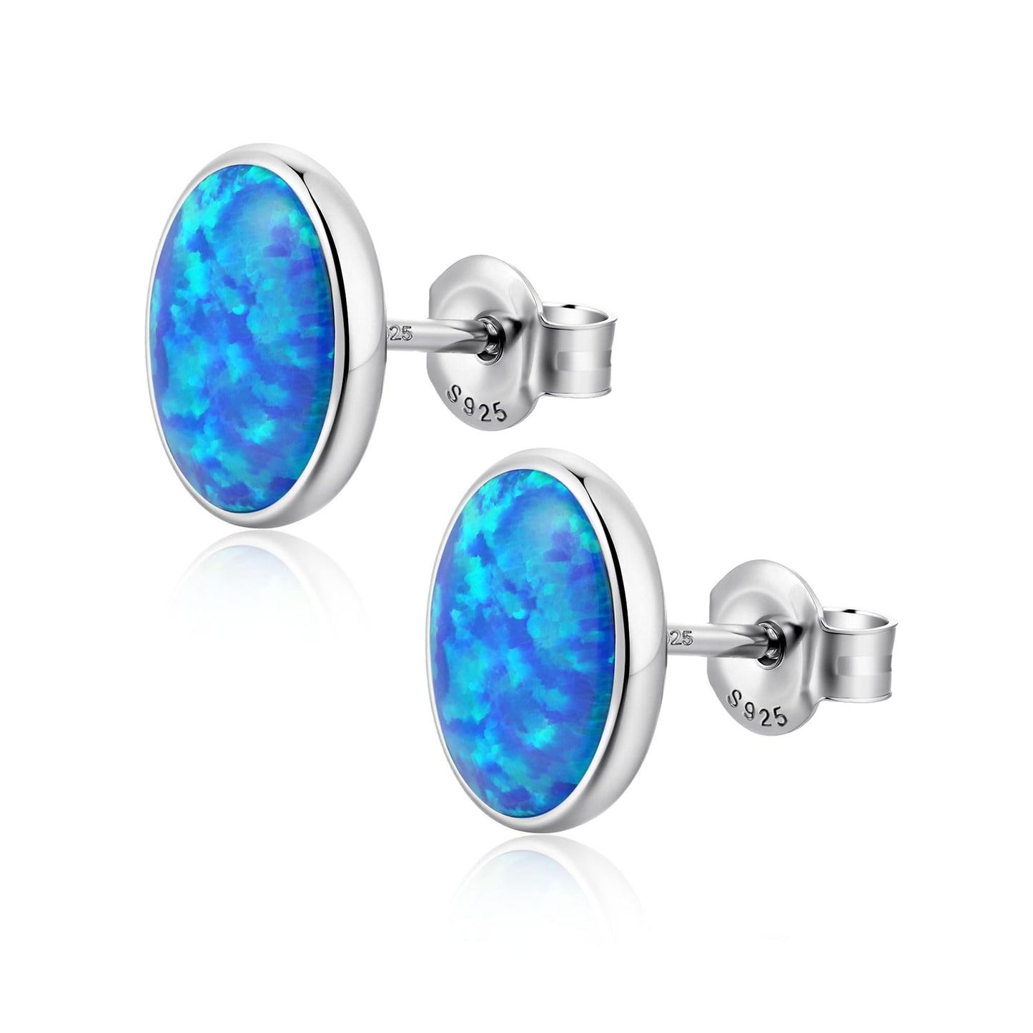 JiayangJY Silver Blue Fire Opal Stud Earrings for Women 18K White Gold Plated Sterling Silver Oval Shape 6mm Opal Earrings with Push Back