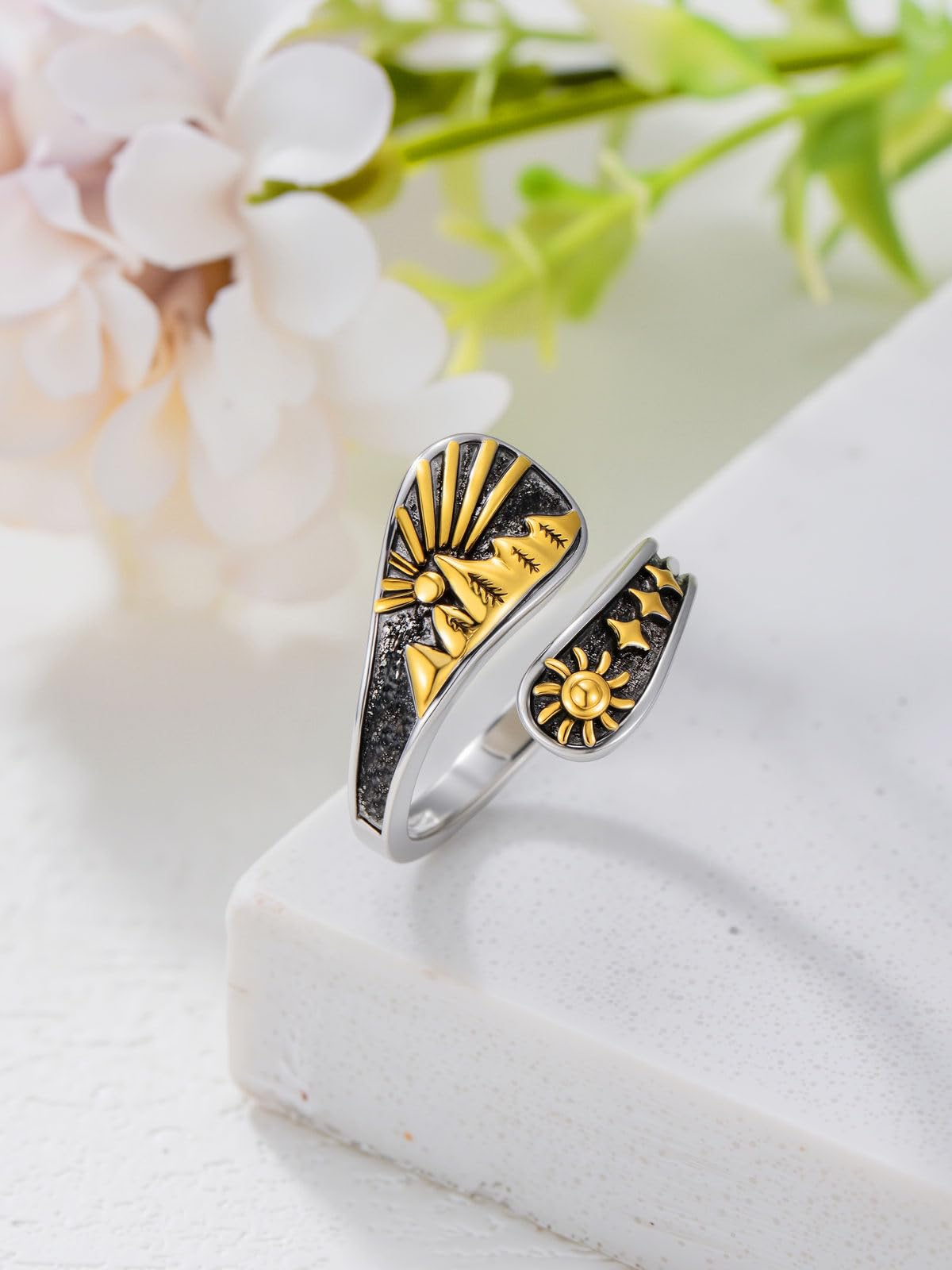 Midari Sun and Moon Star Spoon Rings 925 Sterling Silver Adjustable Sun and Moon Thumb Vintage Finger Open Mountain Spoon Ring Moon Phase Jewelry Halloween Christmas Birthday for Women Daughters Friends