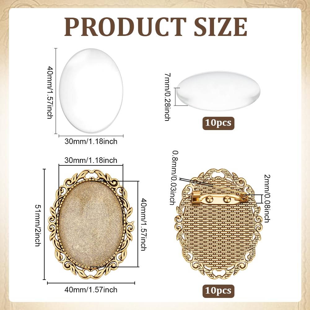 PH PandaHall 10 Sets Oval Brooch Cabochon Setting Vintage Oval Cabochons Bezel Photo Brooch Blank Bezel with Clear Glass Cabochon for Jewelry Making Christmas DIY Lapel Pins Gifts, 30x40mm