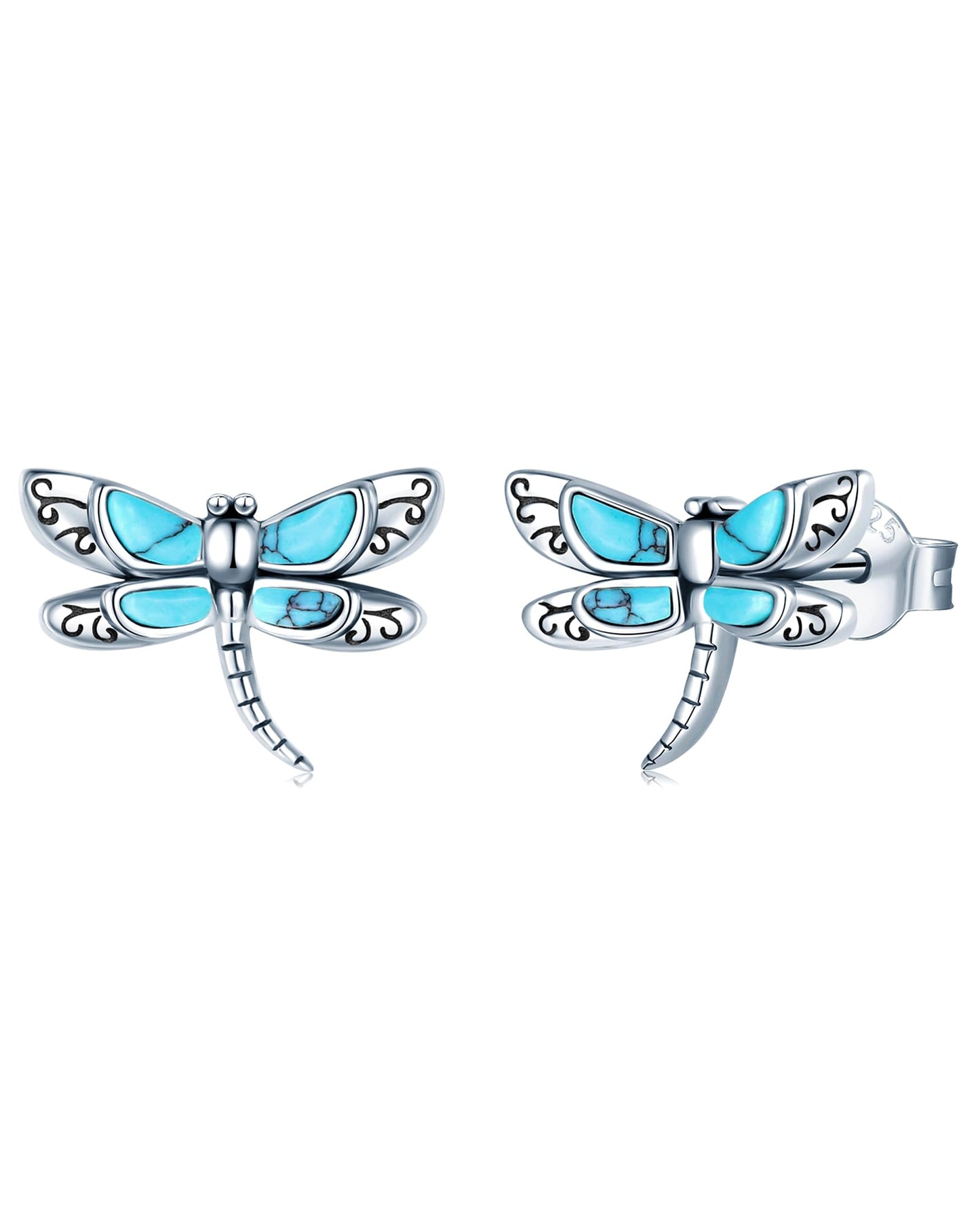 S925 Sterling Silver Turquoise Dragonfly Sunflower /Hummingbird/Butterfly/Cross/Anchor Earring Vintage Bohemian Jewelry Natural Drop/Stud Earrings Birthday Jewelry Gifts for Women (Dragonfly Turquoise Stud-Earrings)