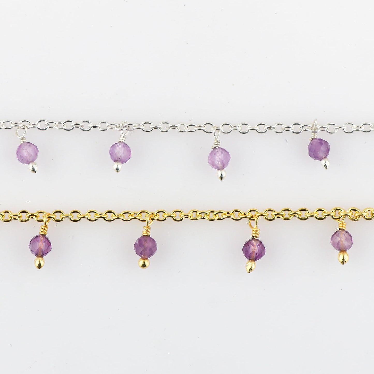 JOR Natural Amethyst Beaded Rosary Anklet, Handmade Craft, Anklet Beads Bracelet, Chakra Healing, Gemstone Women Jewelry, Dainty Gold and Silver Plated Combo Anklet 9 inch + 1.5 inch (2pcs)
