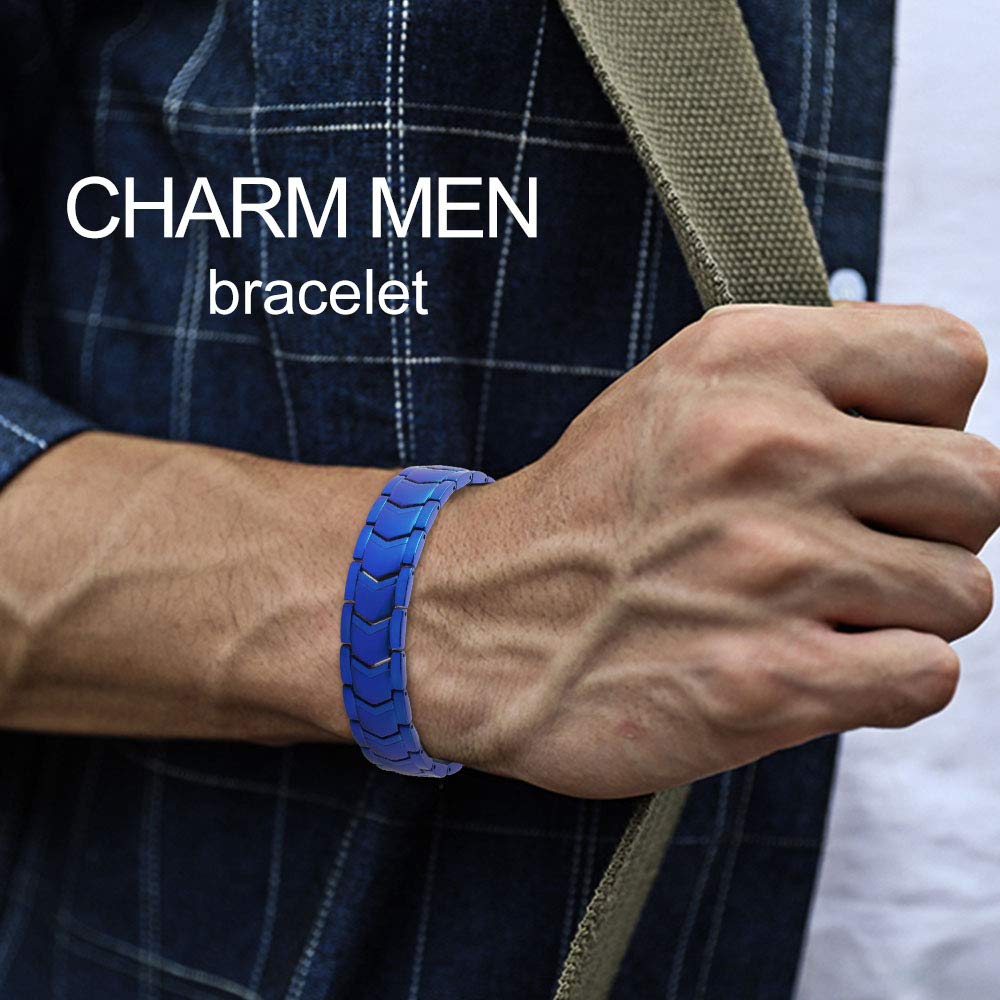 KYOSI 3X Mens Magnetic Bracelet Three rows Energy Stainless Steel Blue Bracelets for Men Magnet Link Jewelry Fathers Day Gift (Blue, 8.66 inches)