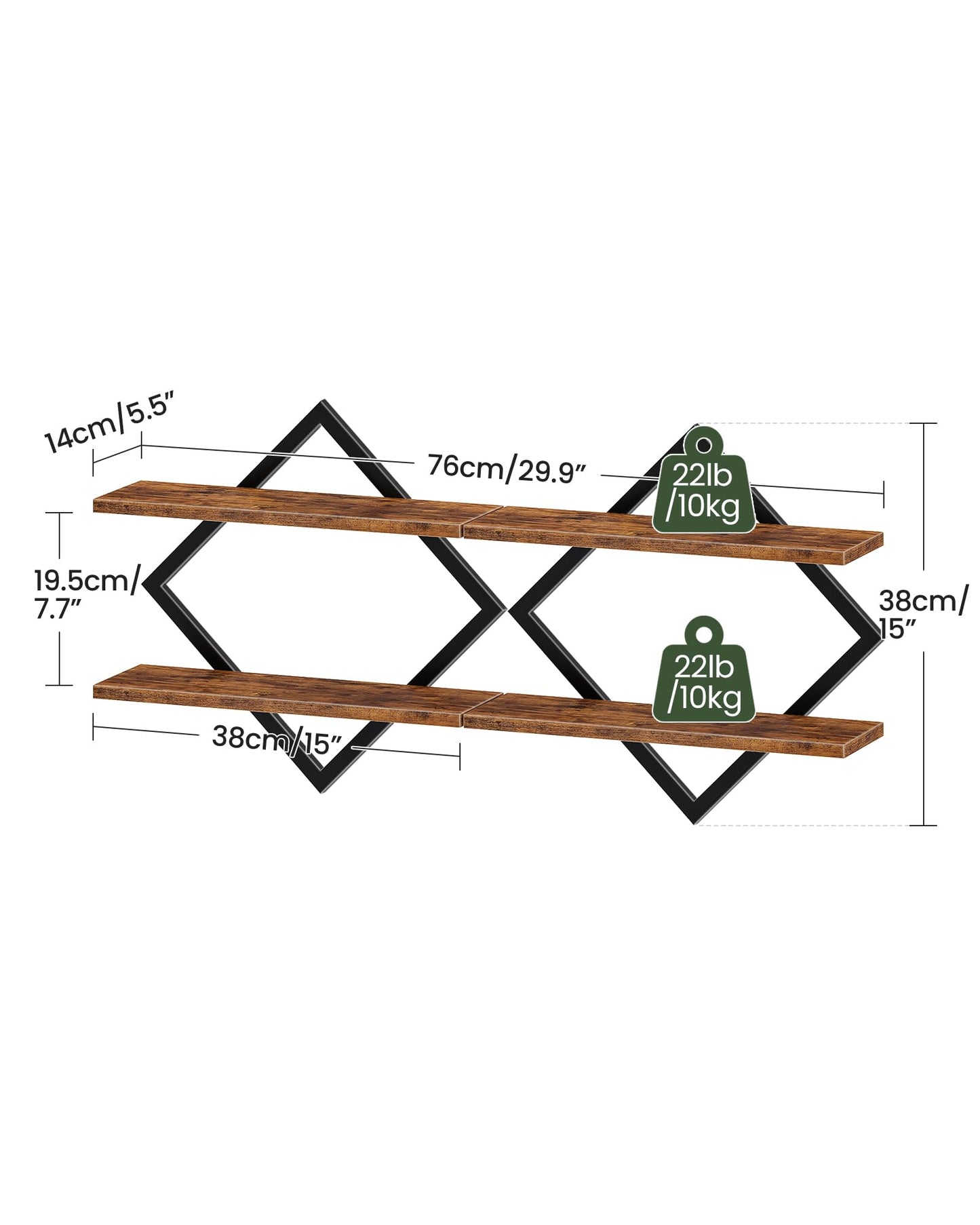 CHOEZON Floating Shelves, Set of 2 Wall Shelves, 2-Tier Hanging Shelves, Wall Shelf Set of 2, Wall Mounted Shelves, for Living Room, Bedroom, Kitchen, Office, Study, Rustic Brown TBJ01P2BF