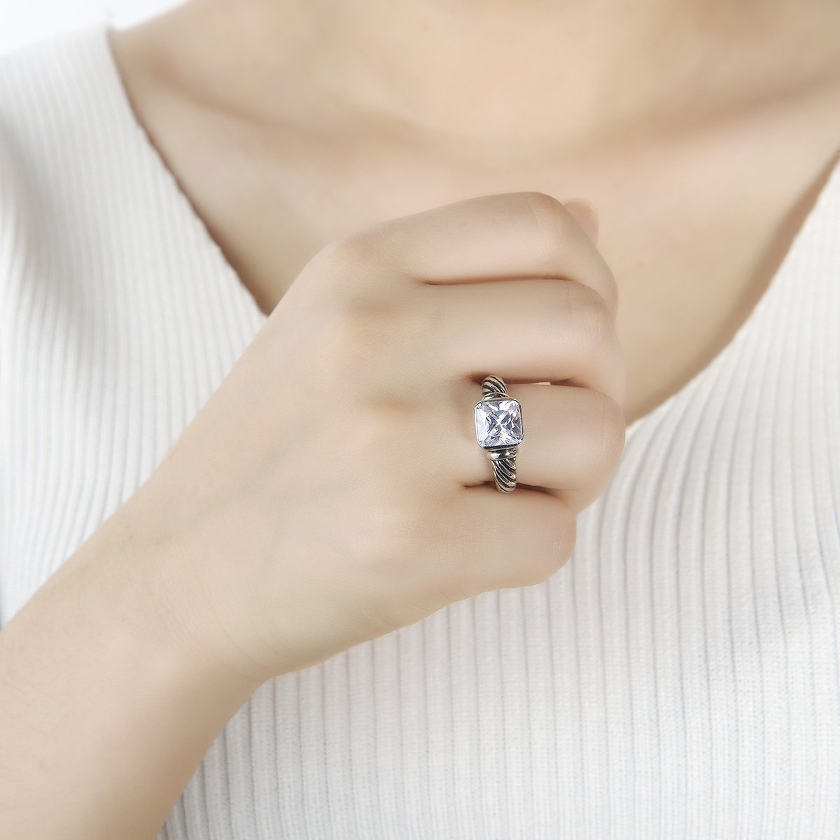 UNY Jewel Twisted Cable Wire Petite CZ Ring Designer Inspired Fashion Brand Christmas Valentine Women Dupes Jewelry Gift (White, 7)