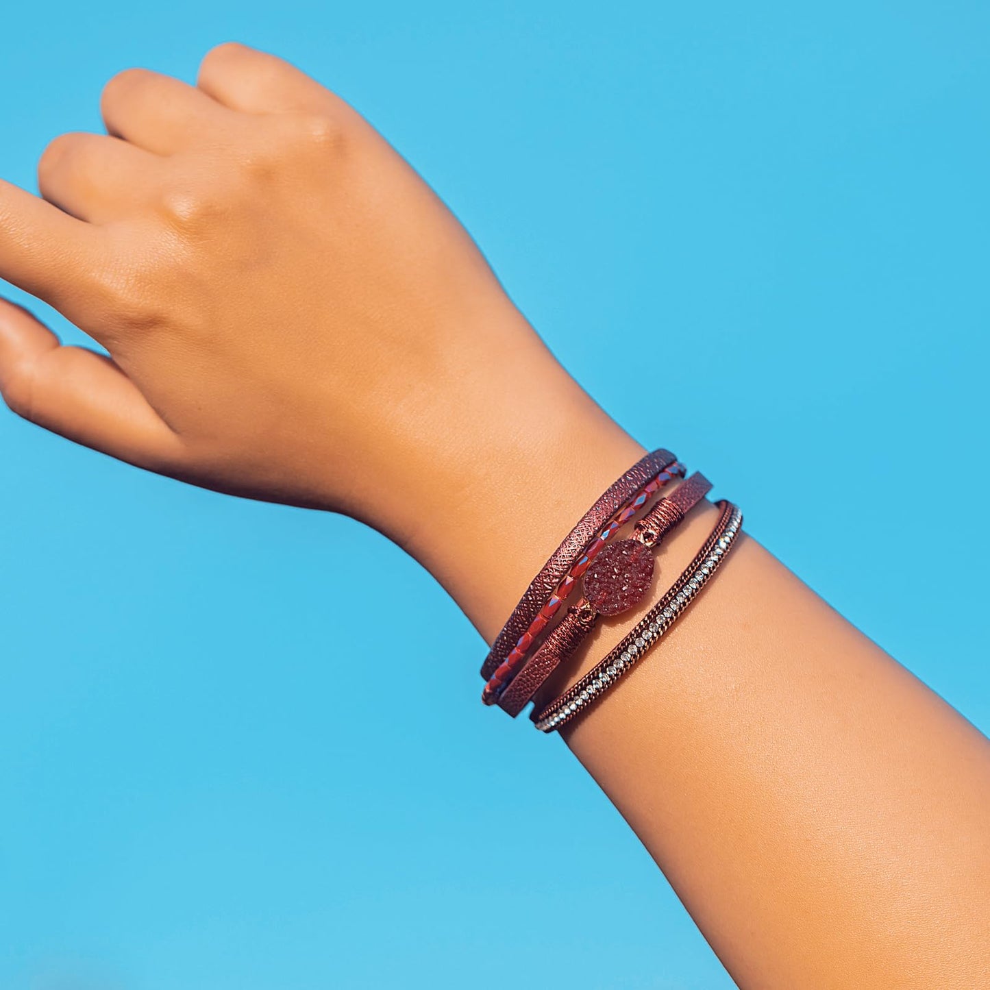 FANCY SHINY Boho Leather Wrap Bracelet Stackable Chunky Crystal Cuff Bracelets with Magnetic Clasp Cowboy Cowgirl Western Summer Beach Outfits Jewelry Gifts for Women (7.7", Burgundy)
