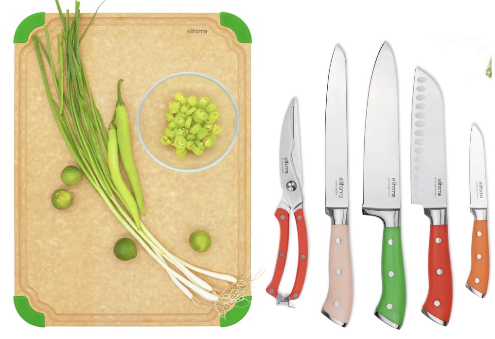 Elihome Premium Color Coded XL Cutting Board and 5piece Premium Stainless Steel Chef Knife Set