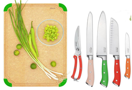 Elihome Premium Color Coded XL Cutting Board and 5piece Premium Stainless Steel Chef Knife Set