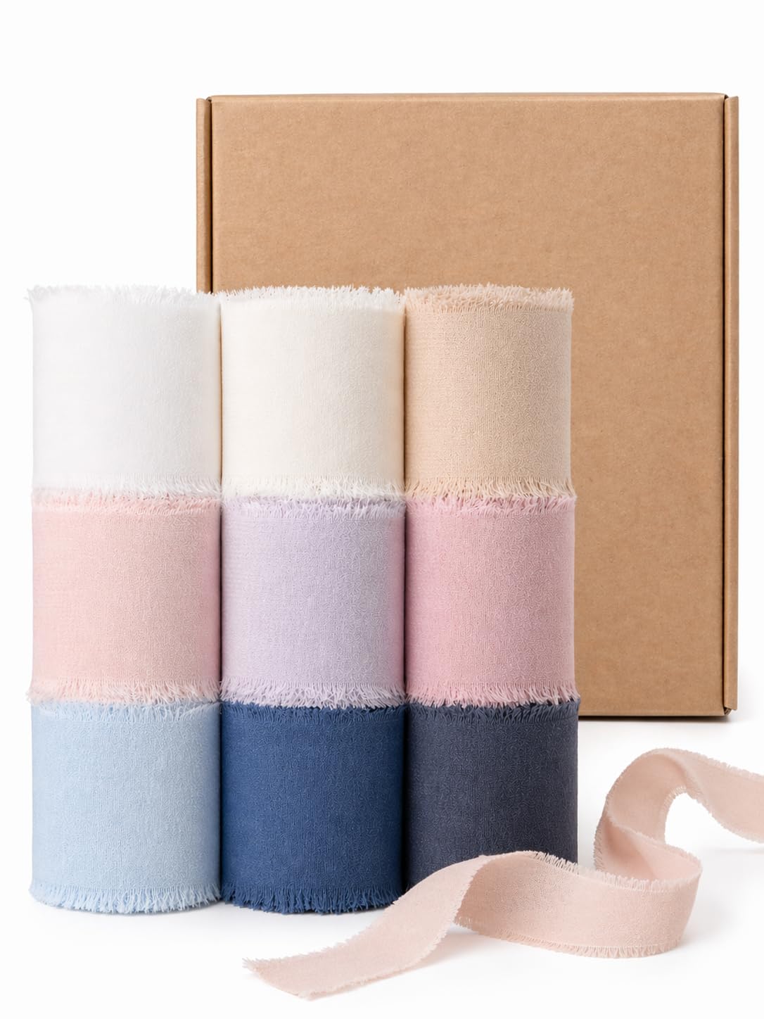 Ideal Swan Chiffon Silk Ribbon Mixed Color Ribbons Set 5.5 Yd x 9 Rolls, Cotton Ribbon for Gift Wrapping Wedding Invitations Bridal Flower Bouquets, Handmade Frayed Ribbon(1.57" x 45 Yd)