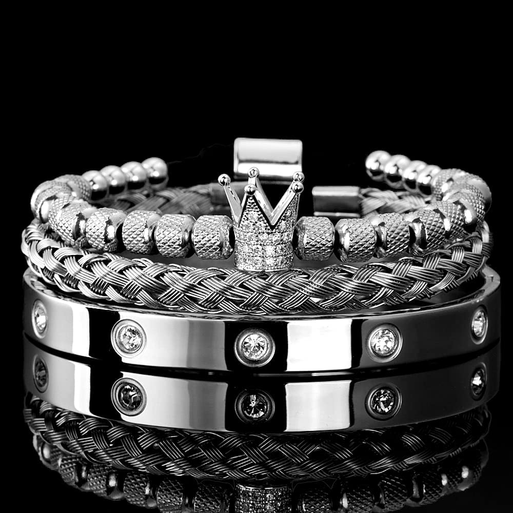 WFYOU 3PCS Stainless Steel Bracelets for Men Gold Roman Numeral Bangle Bracelet Twisted Cable Bracelet Adjustable Cuff Bracelet Mens Luxury Jewelry Bracelets Gifts(CZ Crown Silver)