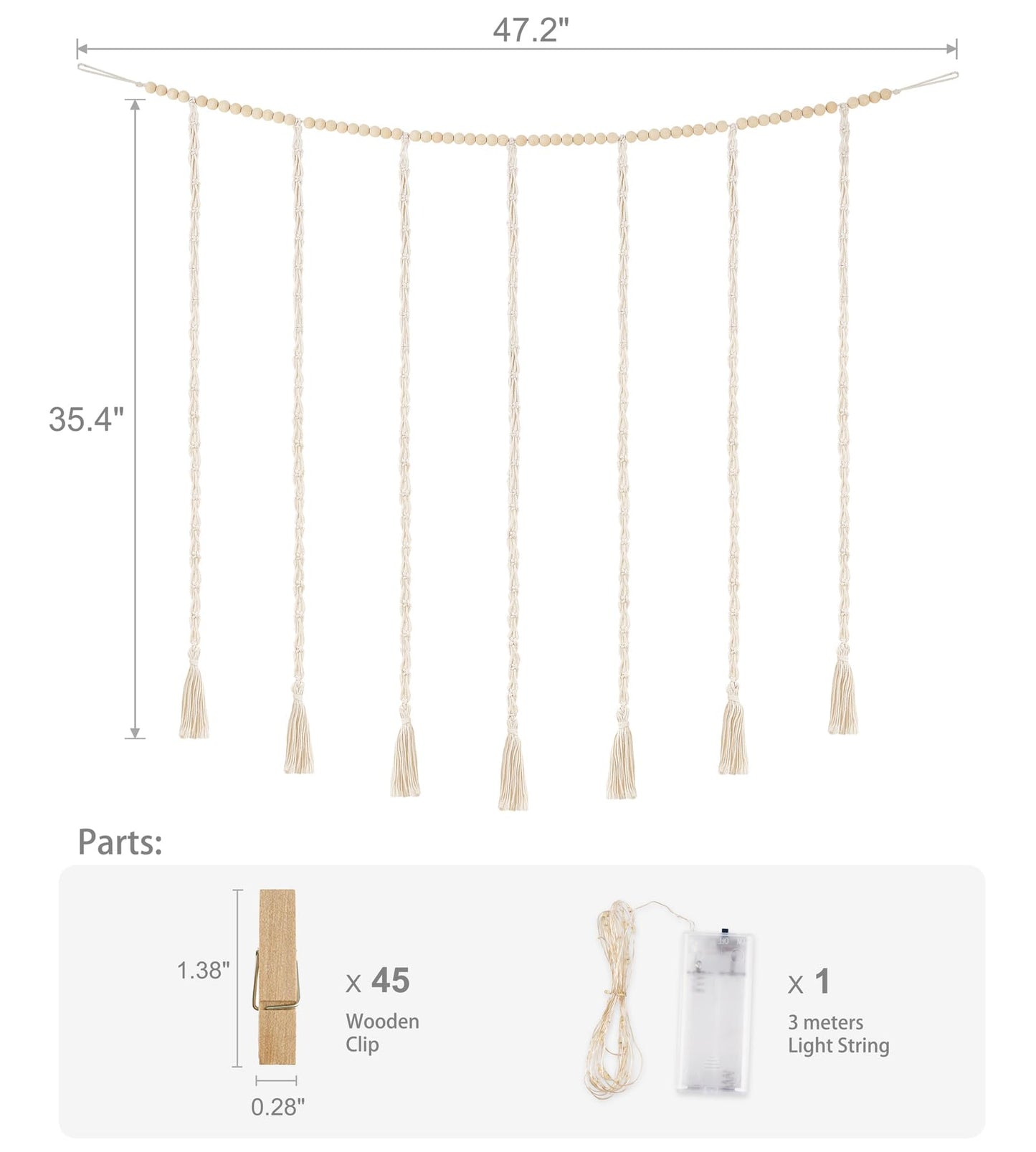 Mkono Macrame Hanging Photo Display Wall Decor with String Lights, Boho Wooden Beads Garland Collage Picture Card Frame Holder with 45 Clips for Bedroom Living Room Dorm, Teen Girls Christmas Gifts