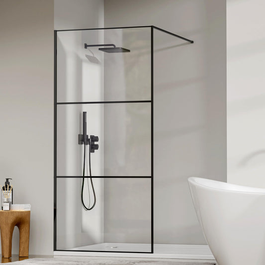 Findepot Fixed Shower Glass Panel 36" W × 75" H, 1/5"(5mm) SGCC Clear Tempered Glass Shower Door, Framed Bathroom Shower Screen, Matte Black, Adjustable Support Bars & 3 Pieces Divided Pattern