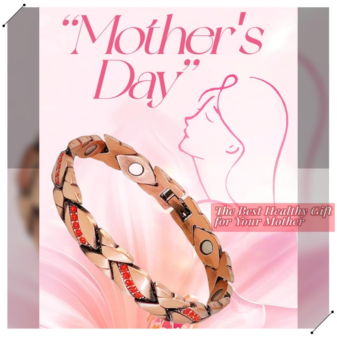 SCVIYRUN Magnetic Copper Bracelets for Women - 99.99% Pure Copper Effective Magnetic Bracelets with Easy 2 Links for Mother (Copper - Orange Red Stone)