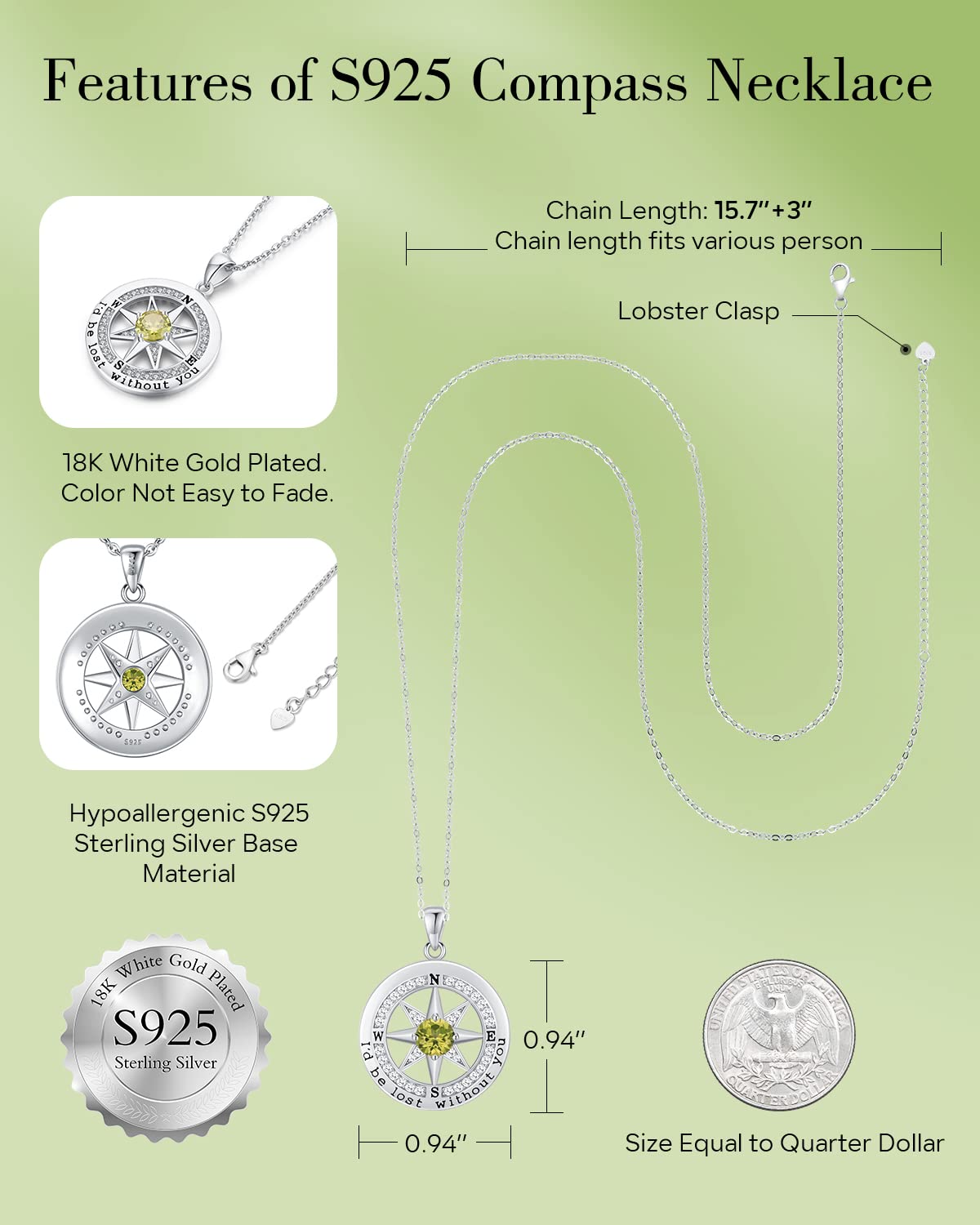S925 Sterling Silver Necklace for Wife, Women Anniversary Year Gifts Compass Jewelry, Birthday Gift Ideas for Her Girlfriend Woman Necklaces, 18K White Gold August