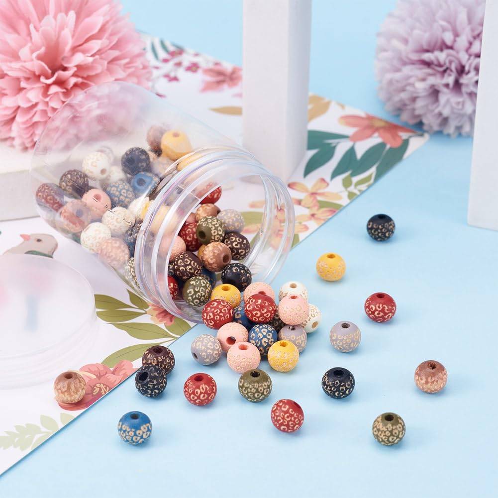 KISSITTY 100pcs/box Painted Wooden Beads for Crafts Natural Wood Beads Leopard Print Beads 10 Colors for DIY Bracelet Necklace Earrings Jewelry Making About 10mm in Diameter