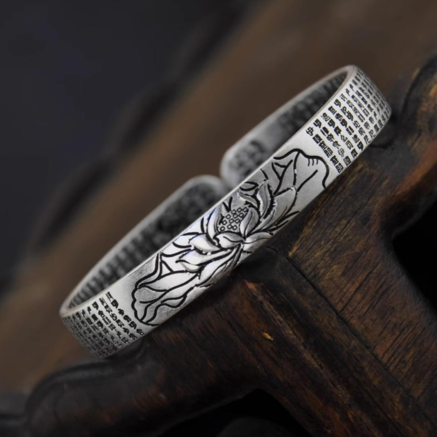 Feng Shui Lotus Heart Sutra Bracelet - Adjustable Vintage Silver Bracelet for Women Men, Tibetan Buddhist Mantra Lucky Amulet, Wealth Luck Protection Meditation Gifts (C)