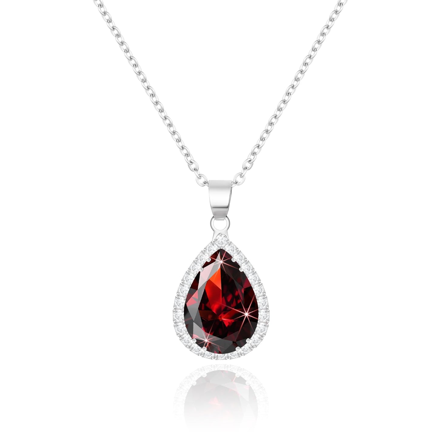Linawe Silver Chain Necklace, Ruby Crystal Imitation Diamond Necklace for Women Trendy, Red Pendant, Boho Costume Jewelry Cubic Zirconia Birthstone Rhinestone Set