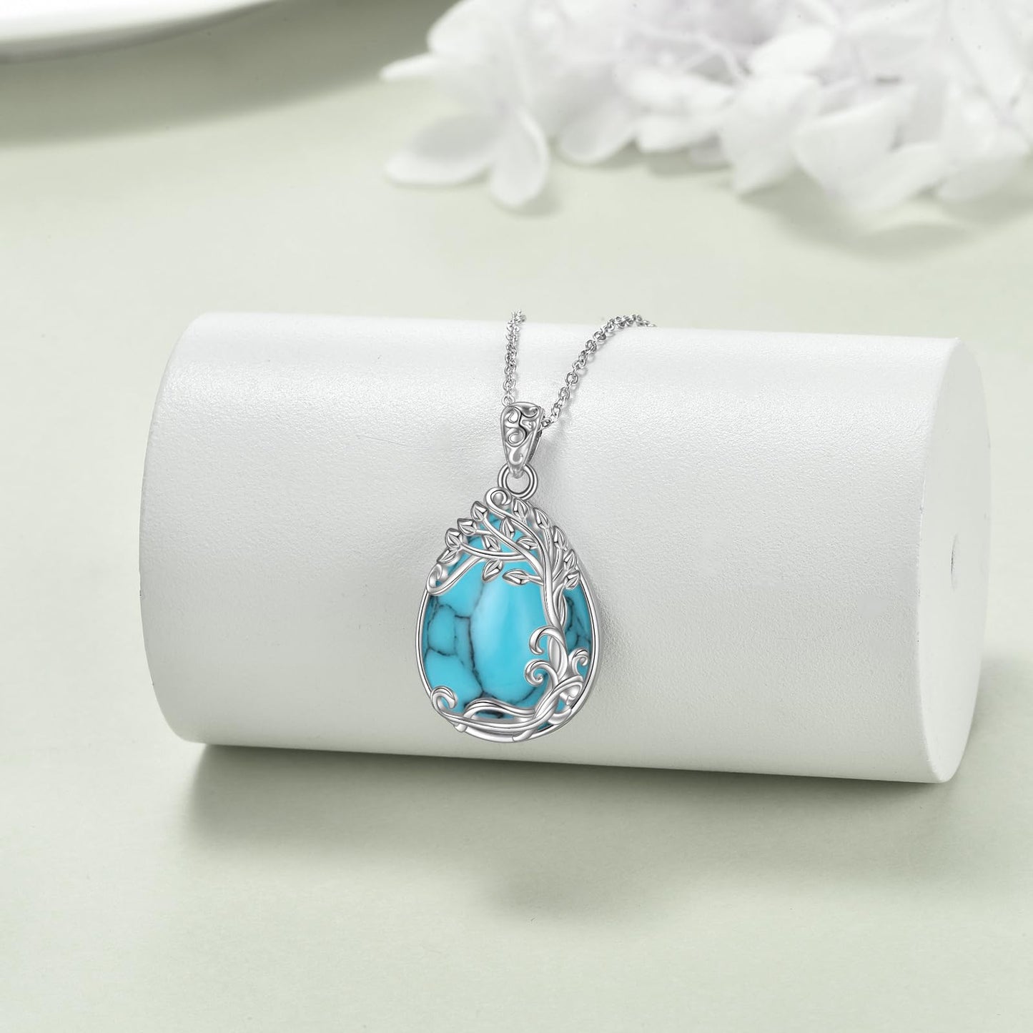 YAFEINI 925 Sterling Silver Turquoise Necklace Tree of Life Teardrop Pendant Necklace Turquoise Jewelry for Women (OO-Tree of Life Turquoise Necklace)
