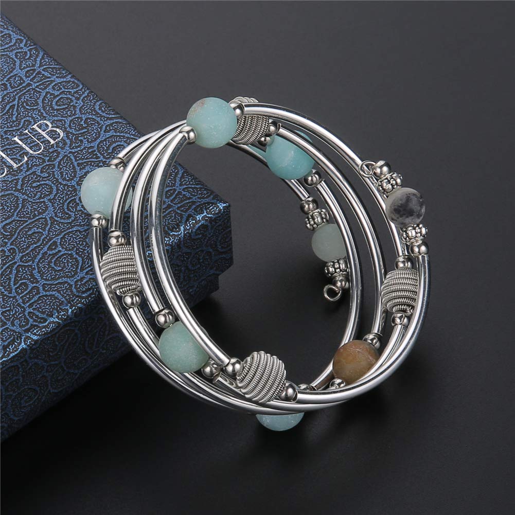 PEARL&CLUB Beaded Chakra Bangle Turquoise Bracelet - Fashion Jewelry Wrap Bracelet with Thick Silver Metal and Mala Beads, Birthday Gifts For Women(63-Agate Green)