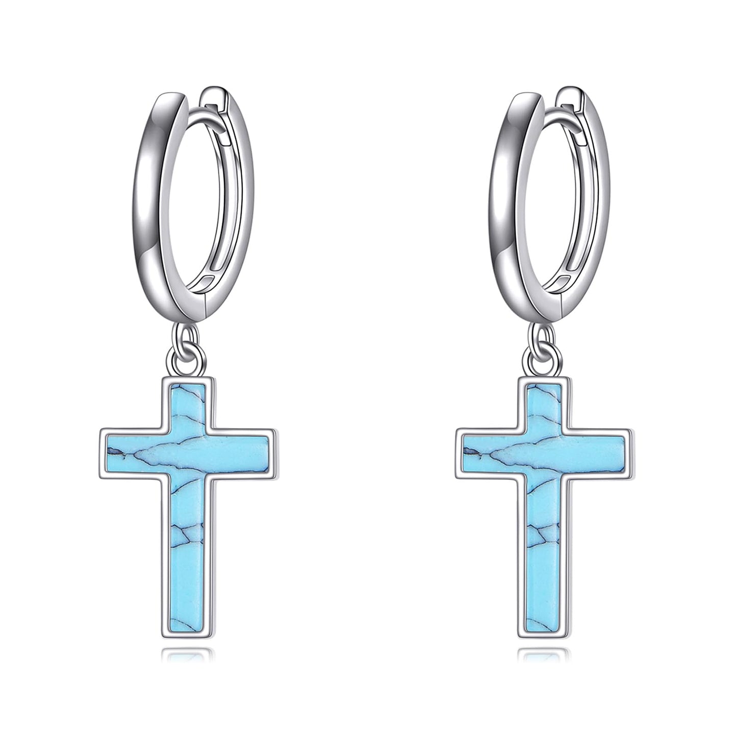 Sterling Silver Hanging Cross Earrings Turquoise Cross Dangle Drop Hoop Earrings for Women Men Religious Jewelry Gifts
