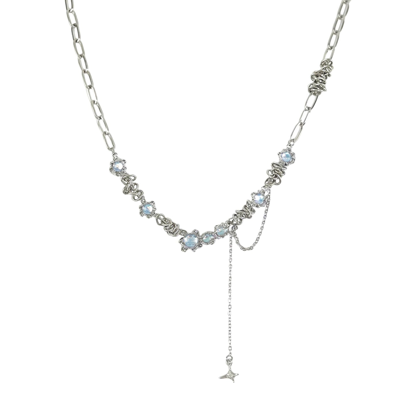 Buyongwant Irregular necklace for Women Y2k chain Moonstone Cat Eye Stone Star Fashion Asymmetric tassel pendant Silver Jewelry