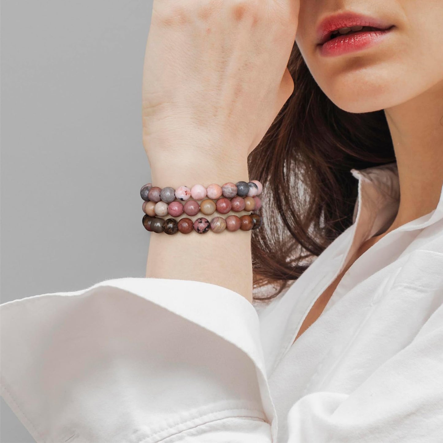 Risyfjew 3 PCS Healing Crystal Bracelets Women 8mm Natural Stone Beaded Stretch Bracelet Pink Zebra Jasper Jewelry Gifts