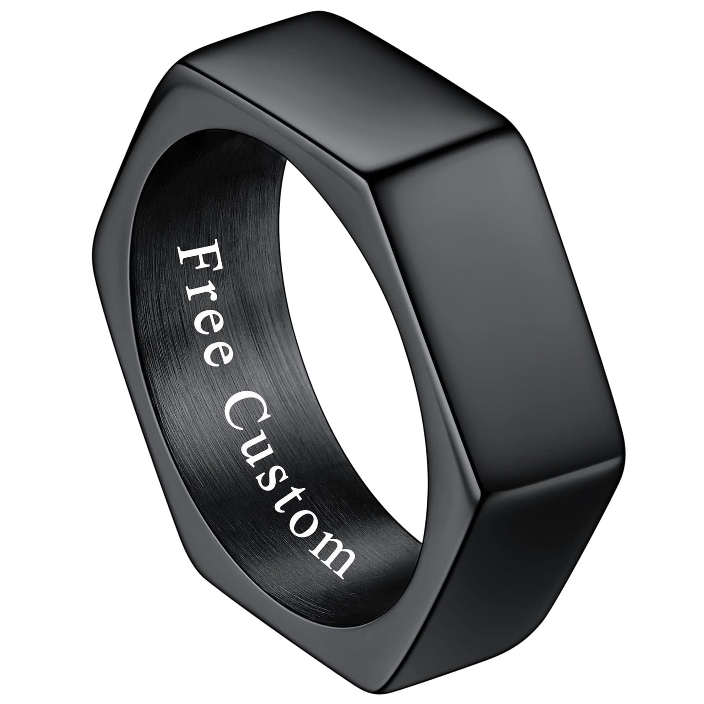 ChainsHouse Personalized Engravable Stainless Steel Black Hexagon Geometric Biker Ring Bands, Size 7