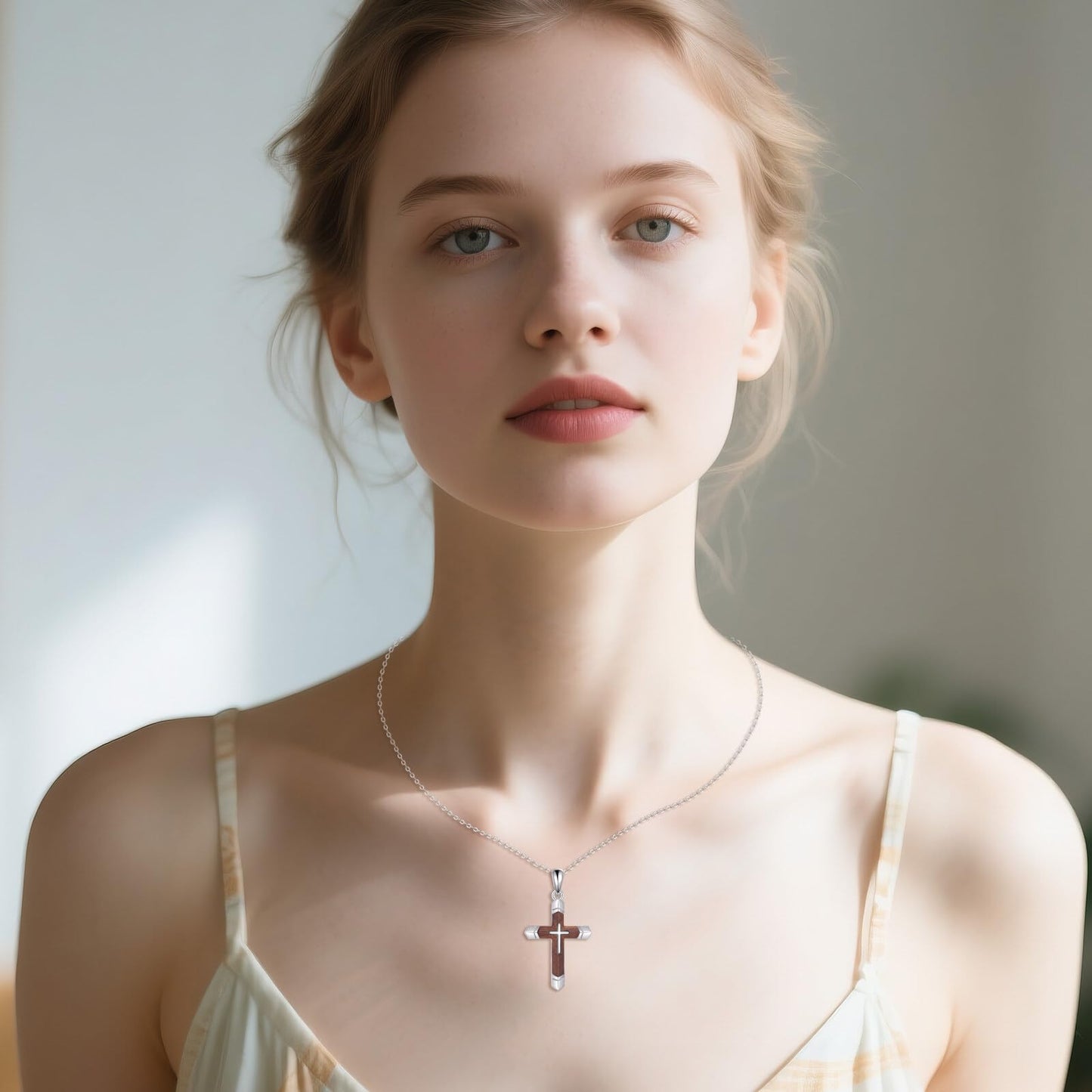 VONALA Wooden Cross Necklace 925 Sterling Silver Christian Wood Crucifix Pendant Religious Jewelry Gifts for Women Men