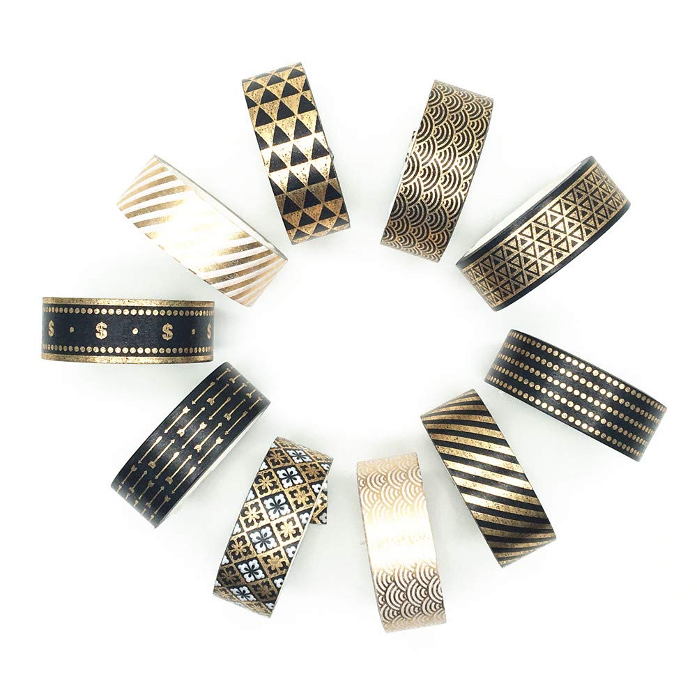 VIVIQUEN Gold Washi Tape Set 15MM Foil Skinny Masking Tape Decorative Pack for DIY Scrapbooking, Crafts, Gift Wrapping, Holiday Decoration (Black Basic Pattern 10 Rolls)