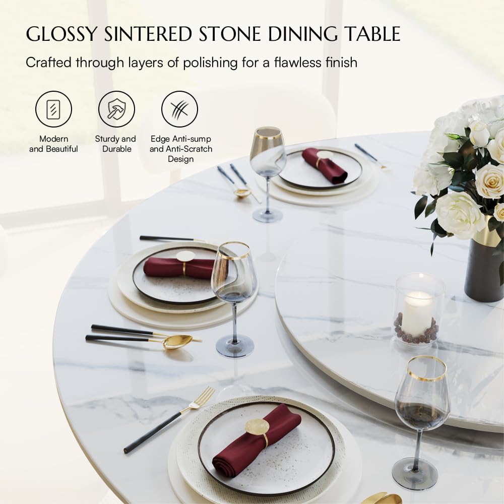 POVISON 59" Modern Dining Table, Glossy White Round Dining Table for 6 Built in Lazy Susan, Sintered Stone Dining Tabletop with Black X Carbon Steel Base (Table Only)