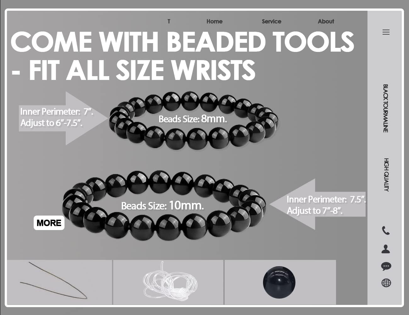 Black Tourmaline Bracelet 2 PCS: 8MM & 10MM | 3A Grade Natural Chakra Crystal Jewelry | Birthstone of October, Fit 6"-8" Wrist Size, Bring Luck, Peace & Love, Feng Shui for Friends Familys