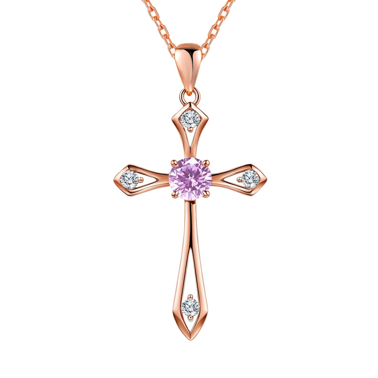 QUALISE Cross Necklace for Women,925 Sterling Silver Birthstone Necklace,Pink -October Birthstone Cross Necklace,Faith Religious Fine Jewelry Valentines Day Gifts Birthday Holiday Gifts for Her