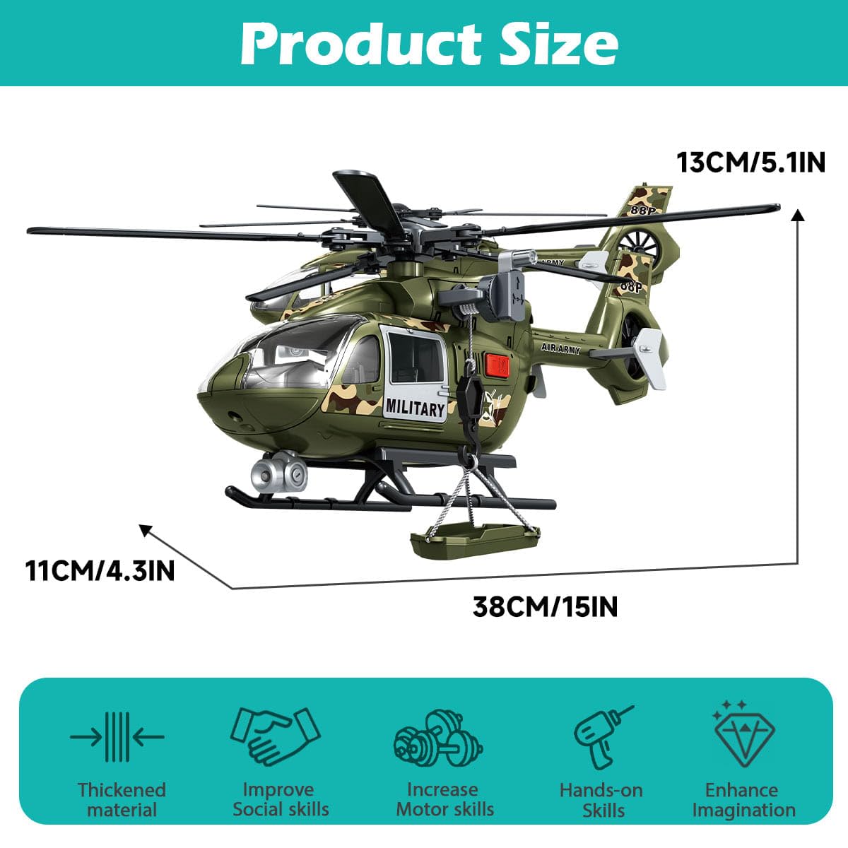 GreenToys Helicopter 15-in Military Airplane Toys for Kids with Hanging Basket Sounds and Lights for Boys Ages 3 4 5 6 7