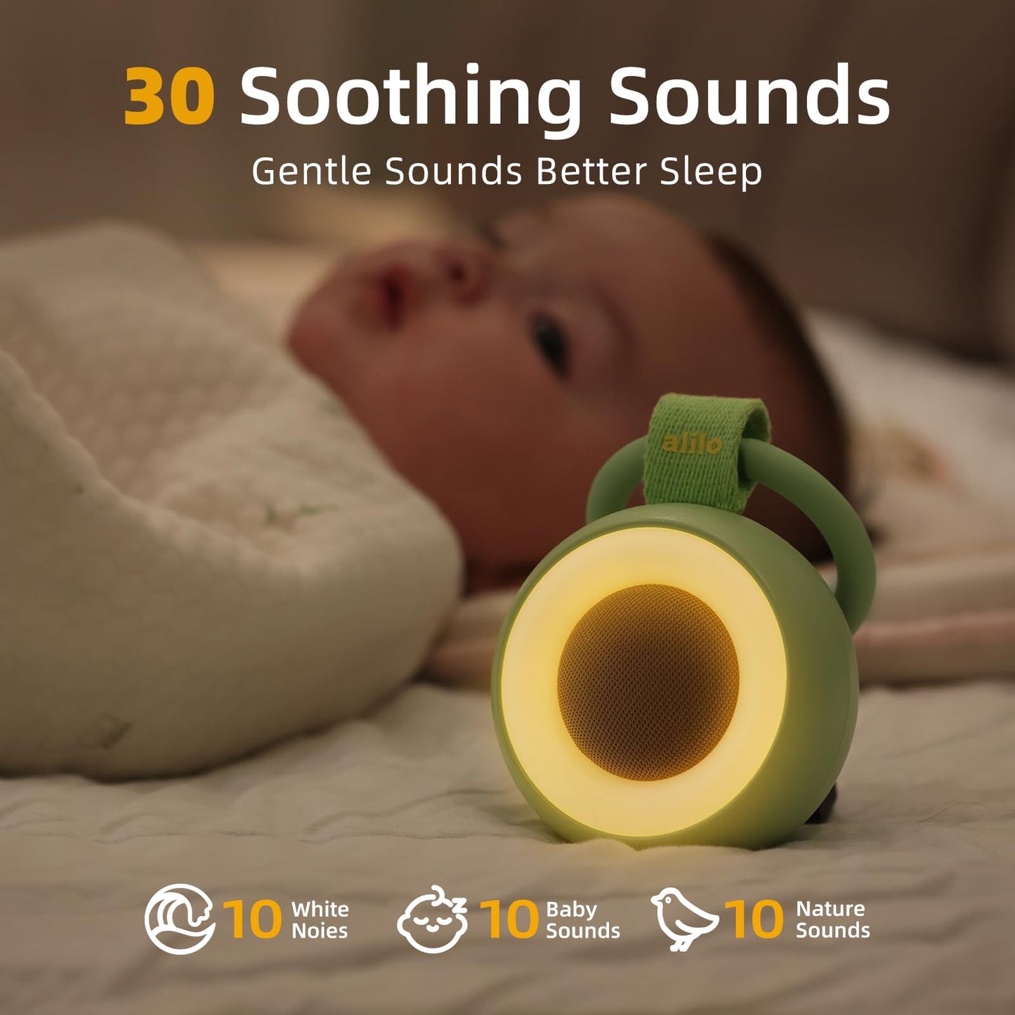 alilo Pocket Soother | Portable Sound Machine for Baby Kids | Night Light | 30 Soothing Sounds | Travel | White Noise | Timer | Memory Function | Sleep | Shush | Baby Shower | Newborn Gift | Avocado