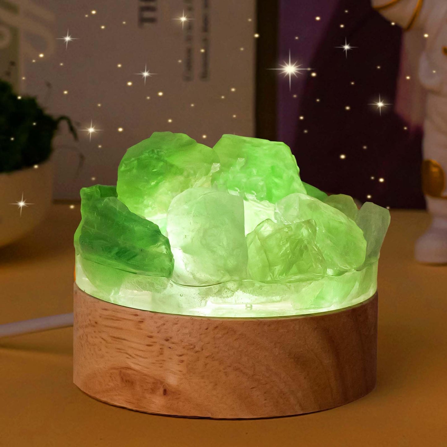 Runyangshi Fluorite Night Light with Natural Raw Green Crystal - USB Powered Focus Lamp for Study, Office, Meditation, Healing Crystal Decor with Wood Base, Clarity & Learning Aid