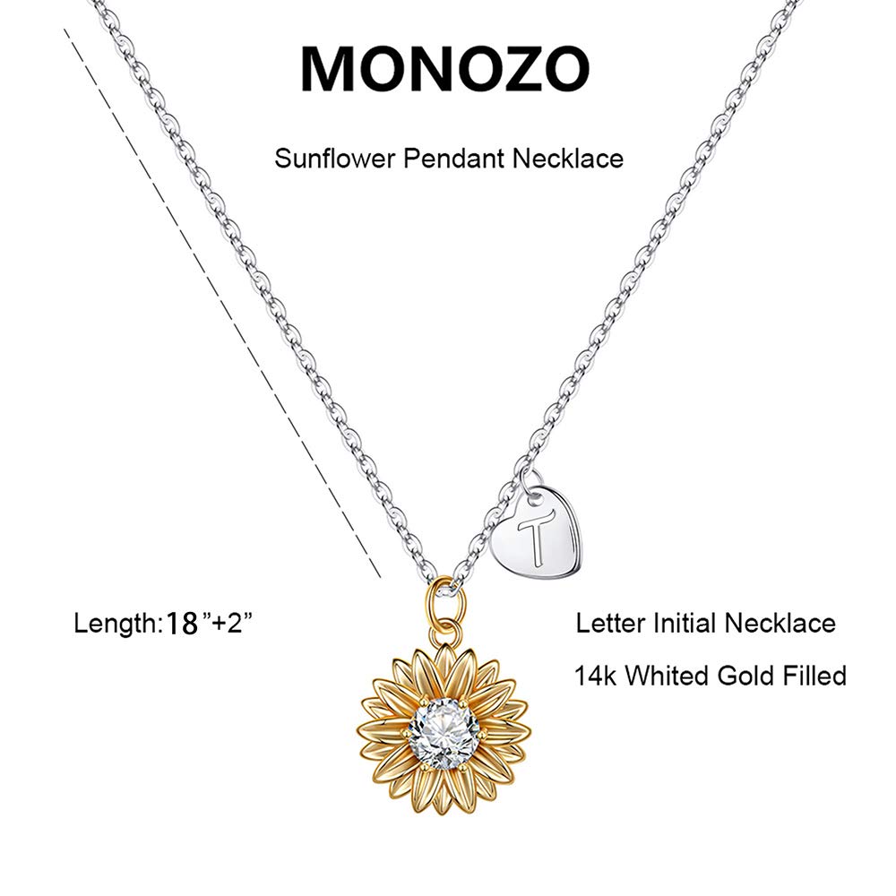 MONOZO Initial Sunflower Necklace for Women Trendy, 14k Gold Plated Sunflower Necklace Heart Letter Initial Necklace You Are My Sunshine Sunflower Gifts Jewelry for Wife Mom Best Friend T