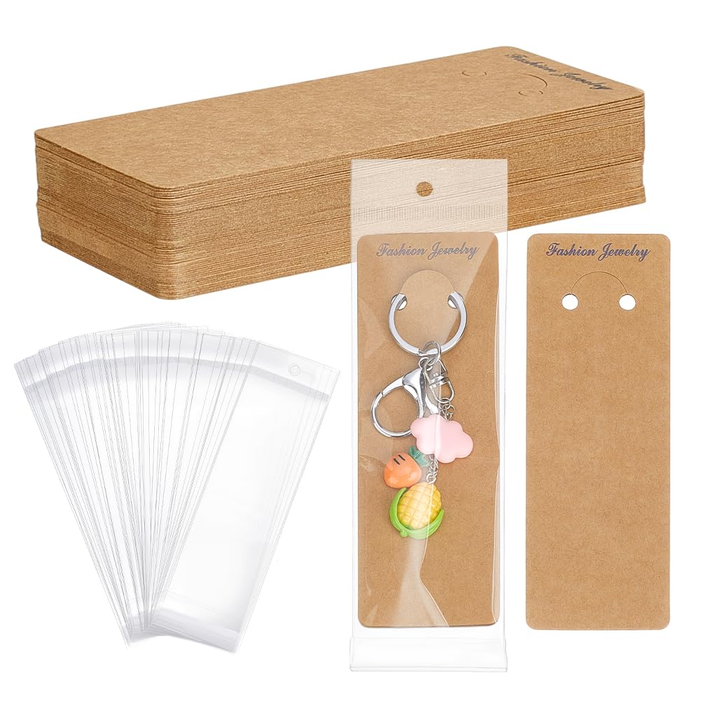 PH PandaHall 120 Sets Keychain Display Cards with Self-Sealing Bags, 5.9x2 Inch/ 15x5.3cm Long Keychain Cards Holder Paper Keyring Display Holder for Displaying Keyring Keychains Jewelry, Burlywood