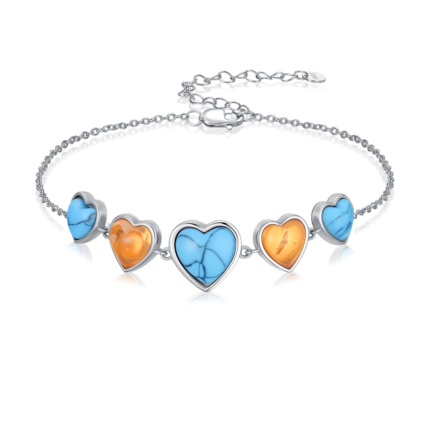 PEIMKO 925 Sterling Silver Heart Turquoise Amber Bracelet Southwestern Style Gifts for Women Mother
