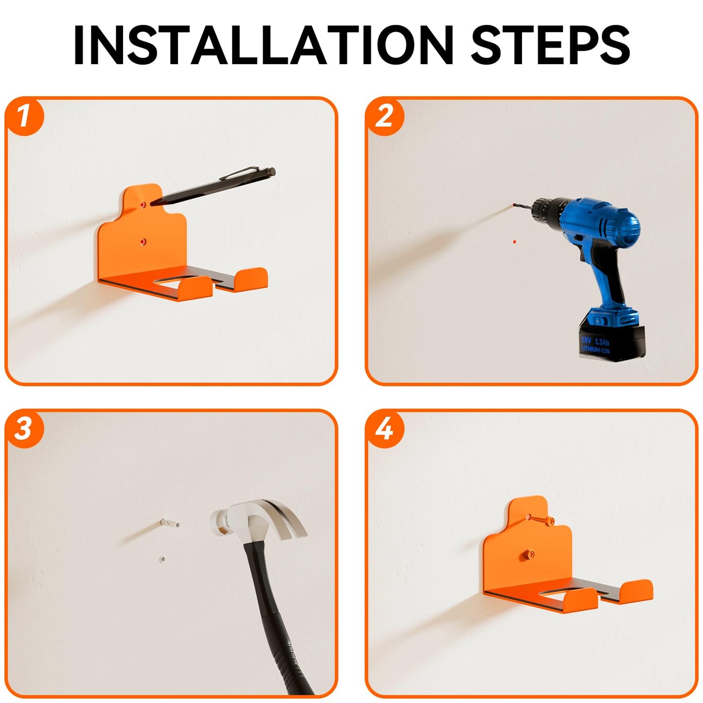 JNIHEEP Garage Organizer Trimmer Rack, Garden Power Tool Hanger Weed Whackers Holder Wall Mounted for Grass Trimmer, Hedge Trimmer, Garage Trimmer, Garden Tools,4 Pack(Orange)