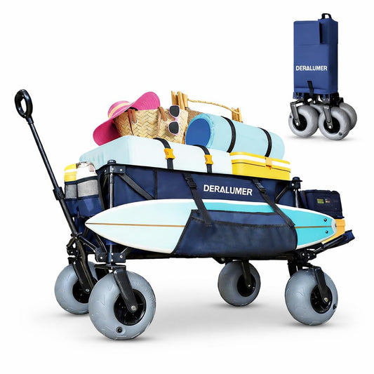 Deralumer X900 Beach Wagon with 9×4" Big Balloon Wheels for Sand, 48" Heavy Duty Folding Wagon with Expandable Tailgate & Side Bag, Collapsible Utility Cart for Beach, Camping, Fishing (Navy Blue)