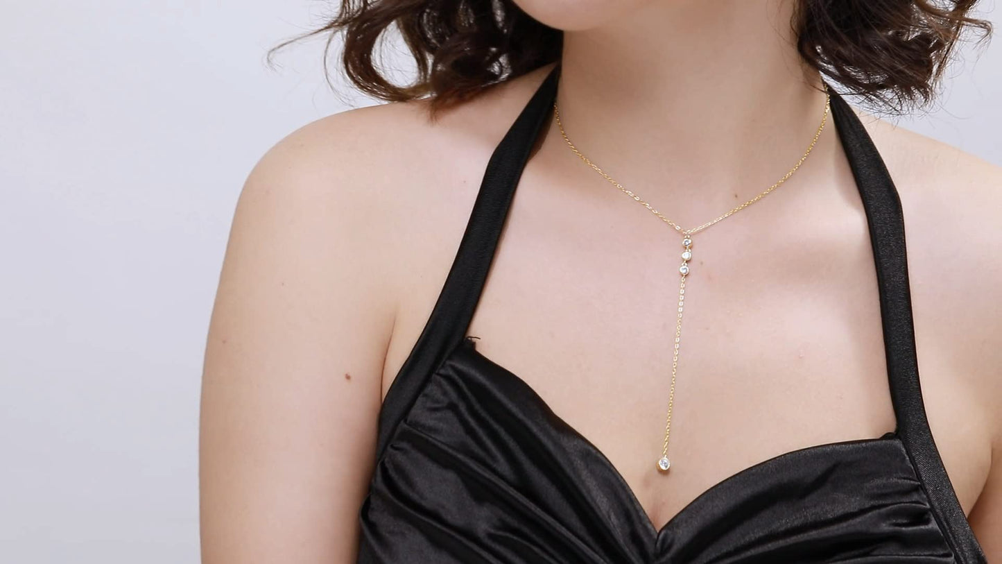 Metzakka Handmade Sterling Silver Lariat Necklace, Simulated Diamond Dainty Drop Y Chain Necklace for Women (Round diamonds-Gold)