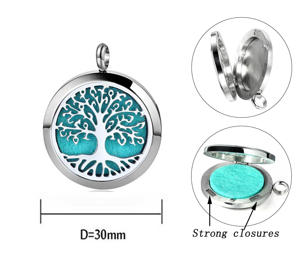 Aromatherapy Essential Oil Diffuser Necklace Tree of Life Pattern Stainless Steel Locket Pendant with 24 Inch Chain