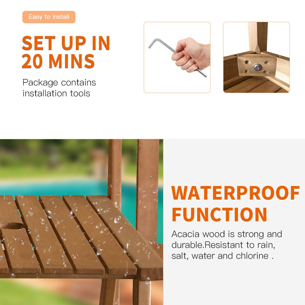FDW Outdoor Patio Bench Wood Garden Bench Park Bench Acacia Wood with Table for Pool Beach Backyard Balcony Porch Deck Garden Wooden Furniture