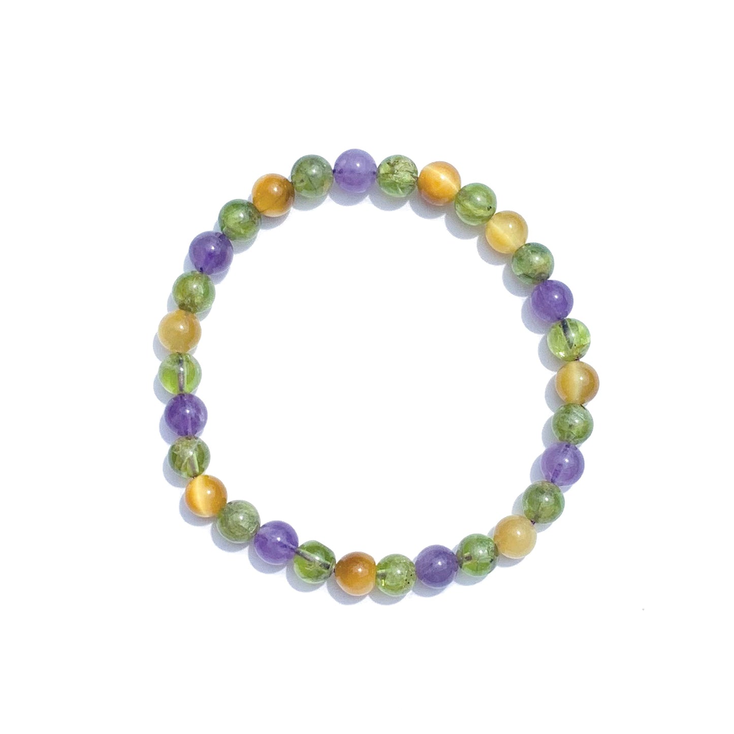 Joyfulmuze Green Peridot Yellow Tiger’s Eye Purple Amethyst, Gemstones Stretch Bracelet, Handmade Spiritual Jewelry, Healing Chakra Bracelet, Gifts for Women, 6mm, 7”(Peridot - Tiger’s Eye - Amethyst)