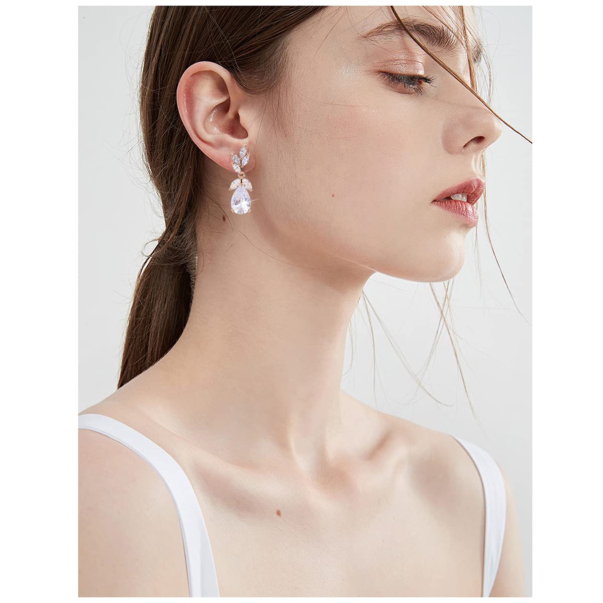 Cubic Zirconia Bridal Earring Rose Gold - Women’s Teardrop CZ Cluster Floral Leaf Crystal Rhinestone Dangle Drop Earring for Bride Bridesmaids Mother of Bride Party Prom
