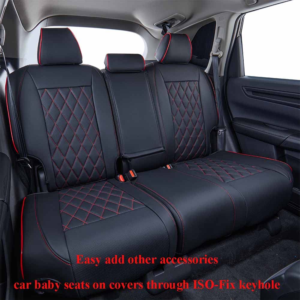 EKR CRV Seat Covers Custom Fit for Honda CRV 2023 2024 2025 2026 Leather Car Seat Cover Full Set for Trucks SUV,Waterproof Car Seat Cushion,Faux Leather (Black with Red Piping)