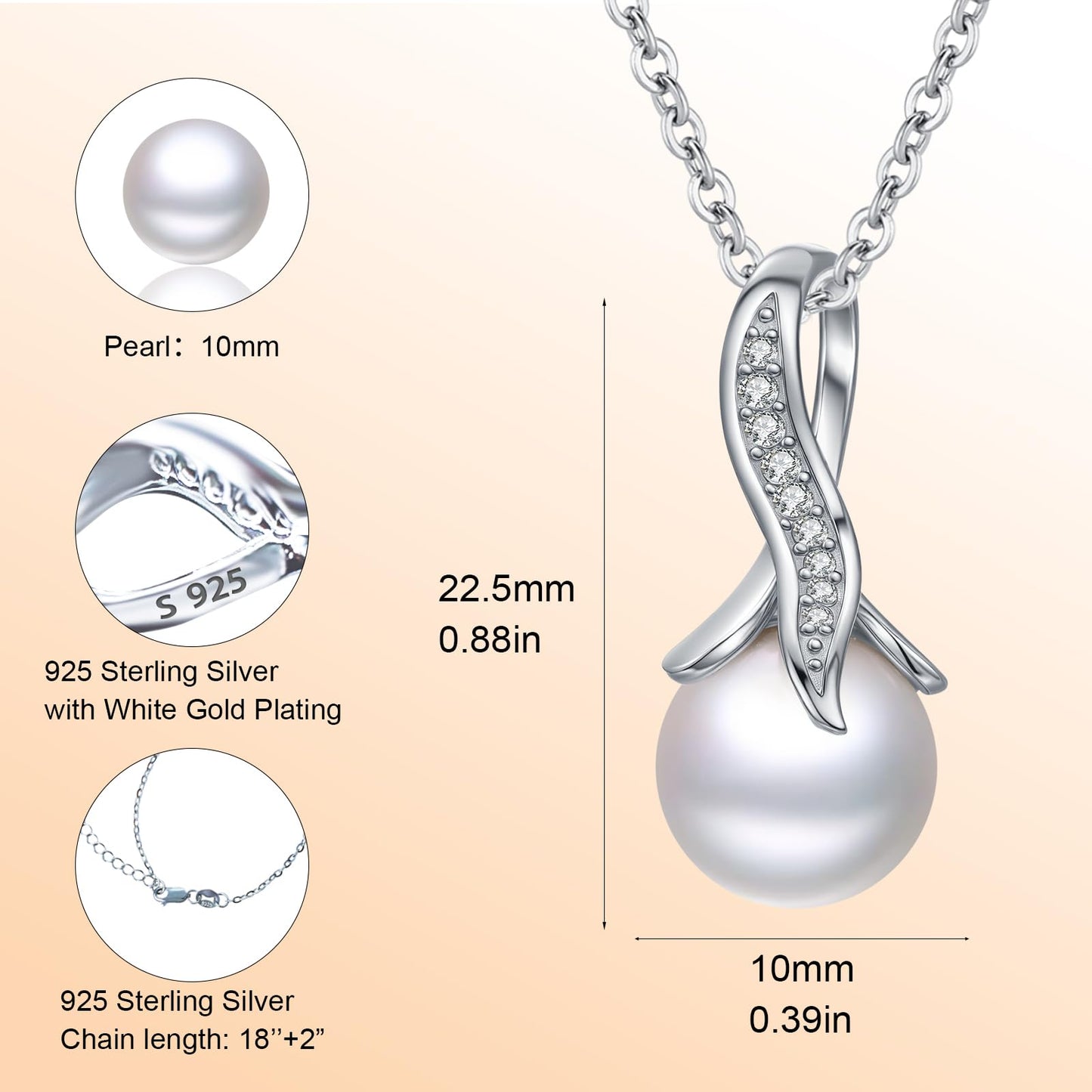10mm Pearl Necklace 925 Sterling Silver Jewelry 5A Cubic Zirconia Pendant Necklace Best Gifts for Mom Women Girlfriend Grandma Friend Lover Her Wedding Birthday Anniversary Engagement Valentine's Day