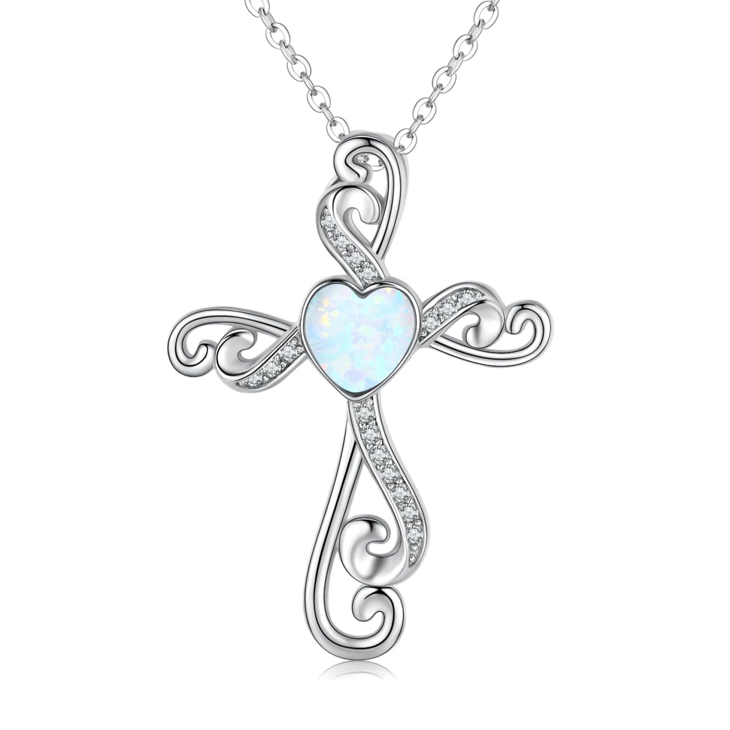Twoowl Cross Necklace 925 Sterling Silver Opal Necklace Cross Crucifix Pendant Christian Catholic Religious Jewelry Gifts for Women