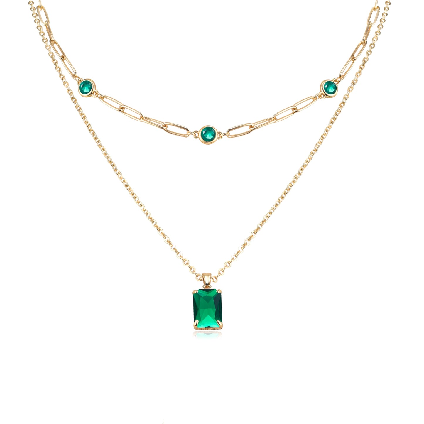 VANGETIMI Emerald Green and Gold Layered Pendant Necklaces for Women 14k Gold Plated Crystal Choker Necklace Paperclip Rhinestone Necklace Party Prom Jewelry