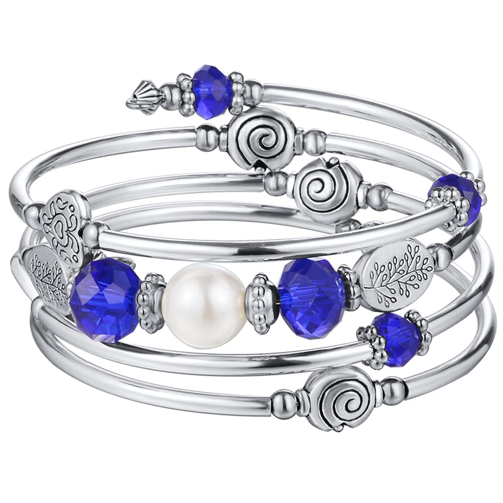 PEARL&CLUB Bead Crystal Wrap Bangle Bracelet - Fashion Jewelry Beaded Bracelet with Silver Metal, Gifts for Women(92-Sapphire)